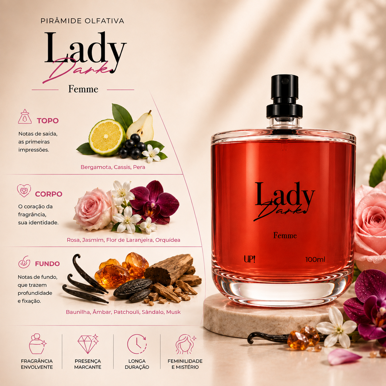 Perfume UP! Lady Dark Femme 100ml com Fragrância Intensa e Misteriosa - Imagem 4